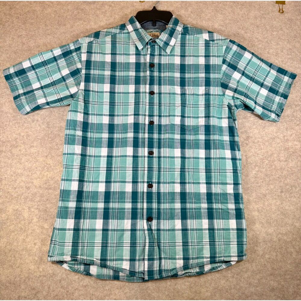 Red Head Button Down Shirt Medium Teal Plaid Short Sleeve Cotton